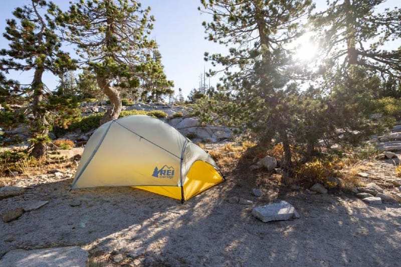 Freestanding ultralight solo backpacking tent set up in a forest campsite with trees and rocky ground
