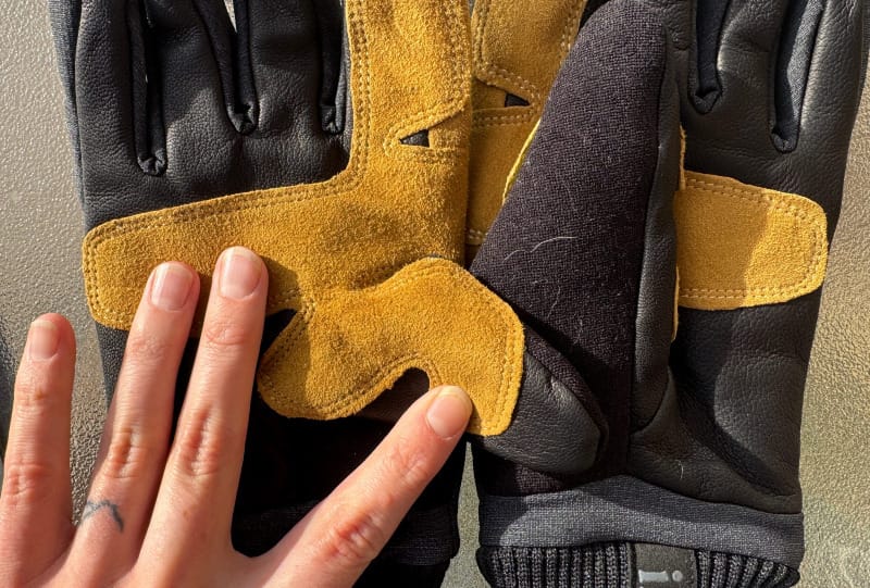 Goat leather palm reinforcement on Ibex Kilometer Gloves showing grip and durability for outdoor use