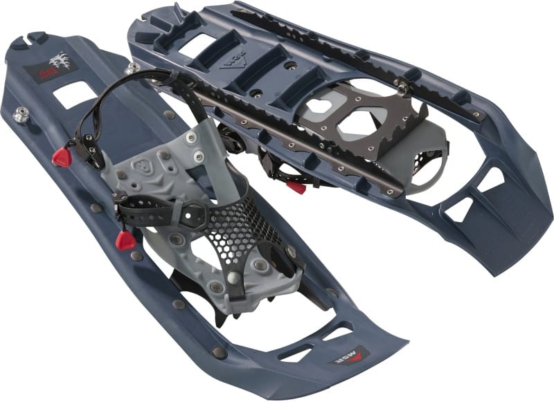 MSR Evo Trail Snowshoes shown in a detailed product image featuring their plastic deck, steel traction rails, and simple, glove-friendly bindings designed for winter hiking.