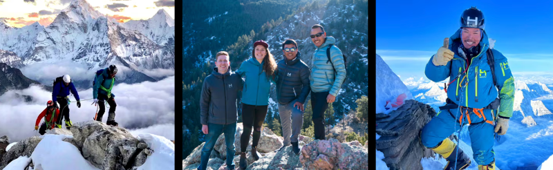Group of outdoor professionals wearing HIMALI jackets standing together on a rocky mountain overlook