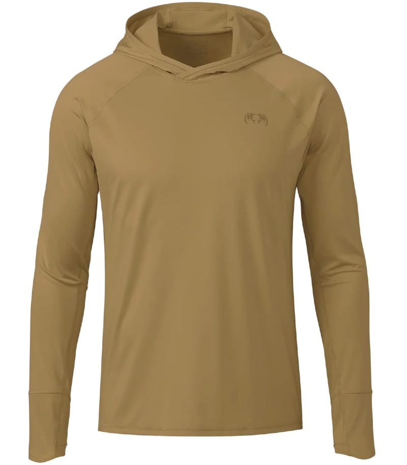 KUIU Gila LS Hoodie in tan, featuring a lightweight long-sleeve sun hoodie with an integrated hood for sun protection while hiking and backpacking.