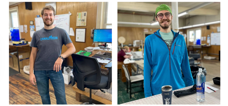 Nathan and Austin, founders of Chicken Tramper Ultralight Gear, standing in their workshop where handmade ultralight backpacks and gear are produced in the USA.