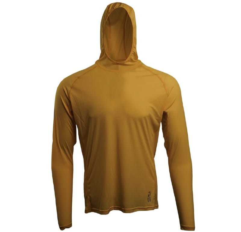 Outdoor Vitals Altitude Sun Hoodie in mustard color, featuring a lightweight long-sleeve design with an integrated hood for sun protection while hiking and backpacking.