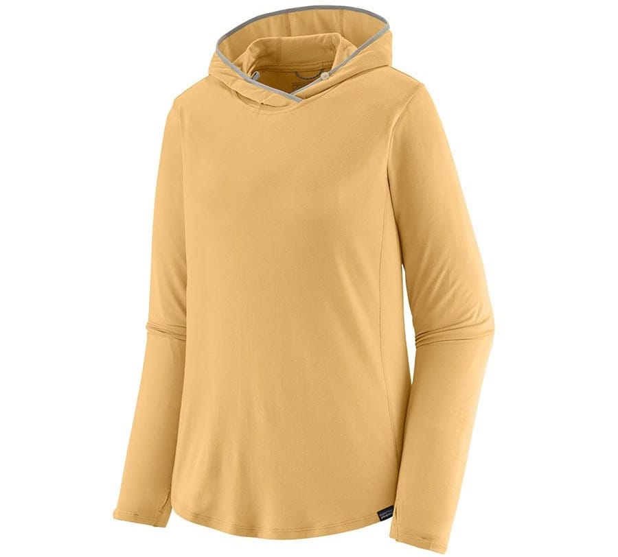 Patagonia Tropic Comfort Sun Hoodie in golden yellow, featuring a lightweight long-sleeve design with an integrated hood for sun protection while hiking and backpacking.