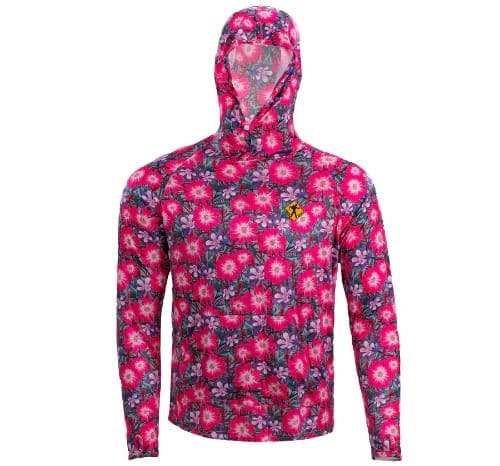 TownShirt sun hoodie with a bright pink floral pattern, featuring a lightweight long-sleeve design with an integrated hood for sun protection while hiking and backpacking.