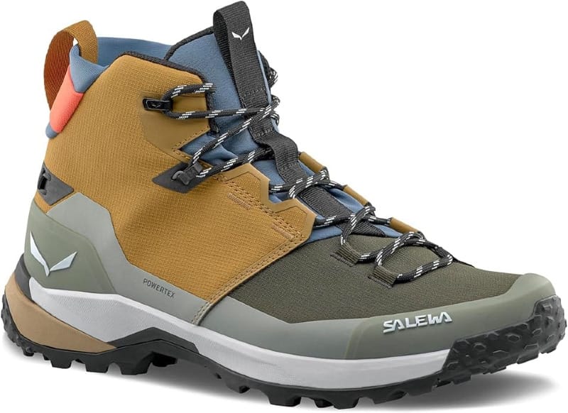Side profile of Salewa Puez 2 Mid Powertex hiking boot showing mid-cut ankle support, reinforced upper, and POMOCA outsole