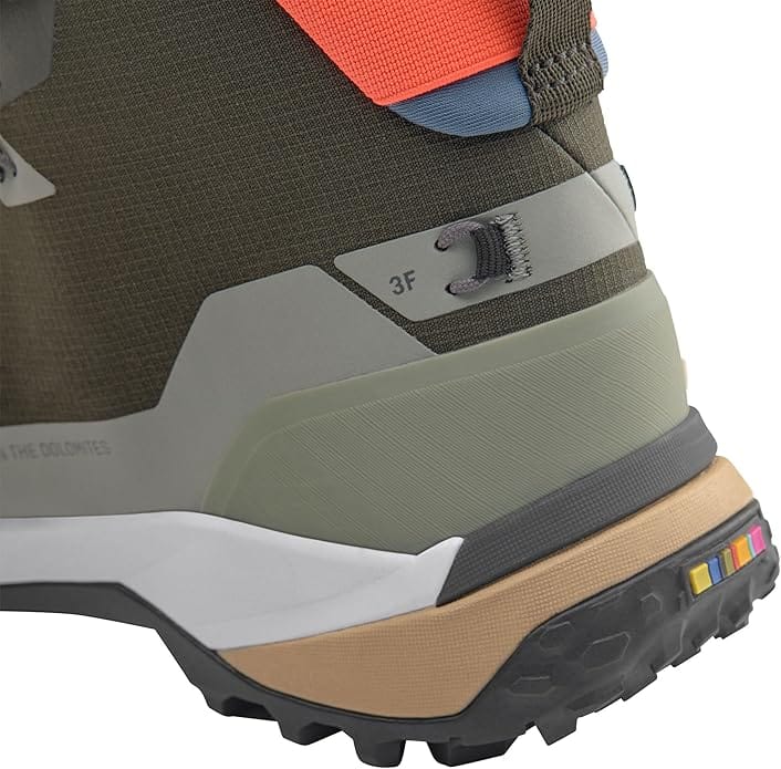 Close-up of Salewa Puez 2 Mid Powertex boot heel showing Powertex waterproof membrane and reinforced rear support