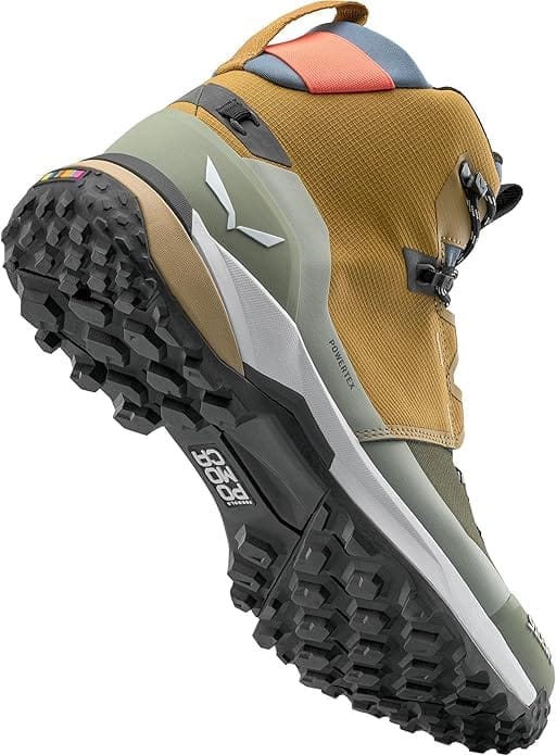Bottom view of Salewa Puez 2 Mid Powertex hiking boot displaying POMOCA rubber outsole and deep traction lugs