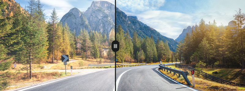 Split image of a mountain road through pine forest demonstrating improved color contrast and reduced glare through performance sunglasses lenses.