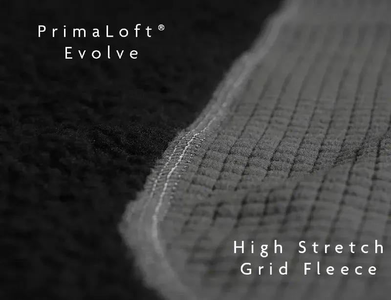 close up of Outdoor Vitals Pursuit Hybrid Fleece fabric showing PrimaLoft Evolve insulation and grid fleece texture