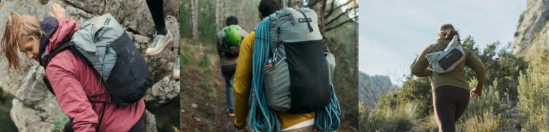Hikers wearing Gossamer Gear’s new 2025 ultralight backpacks on a rugged mountain trail, showcasing their lightweight design and durability for backpacking adventures.