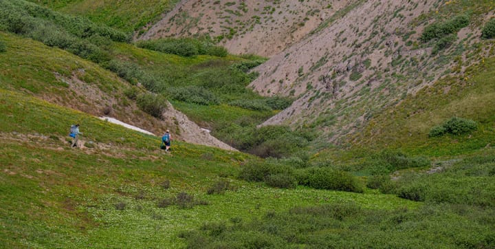  Two hikers climbing a green and rocky alpine slope in a remote backcountry setting.