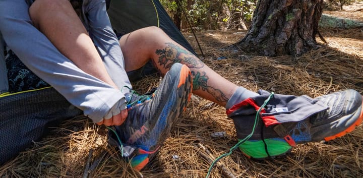 Close-up of La Sportiva Akasha II trail running shoes, lightweight and breathable with rugged traction for desert and mountain trails.