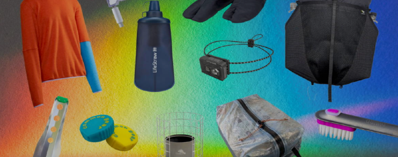 Holiday-themed flat lay with ultralight backpacking gear highlighting Garage Grown Gear’s 2025 Holiday Sale.