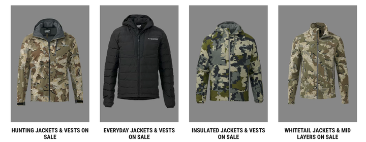 Flatlay of KUIU jackets and vests showcasing high-performance outdoor layers for the 2025 Jacket and Vest Sale with up to $100 off select hunting and backcountry gear.