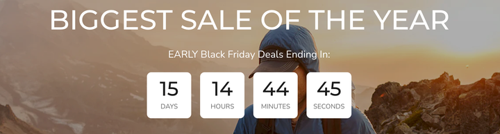 Backpacker wearing Outdoor Vitals gear in an alpine setting, promoting the 2025 Outdoor Vitals Holiday Sale with sitewide discounts, free gear, and giveaway bonuses.