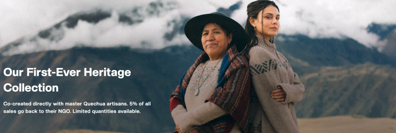 Model and artisan wearing PAKA Heritage Collection alpaca sweater outdoors in the Andes, showcasing handcrafted sustainable alpaca wool apparel designed for warmth and comfort.