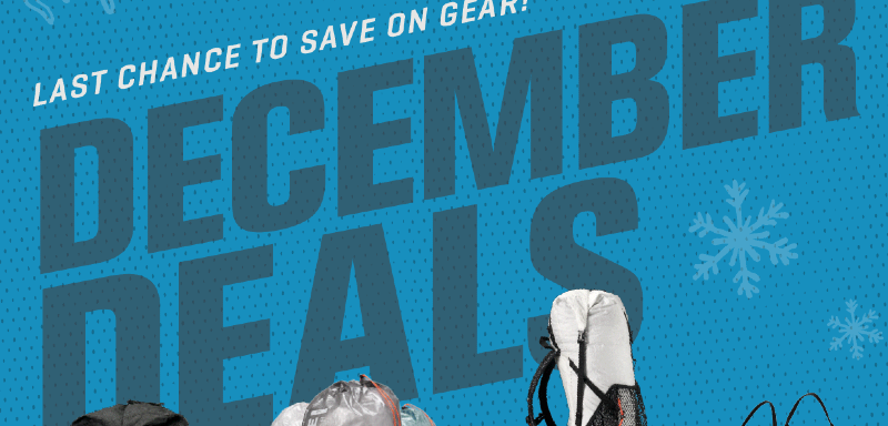 Hyperlite Mountain Gear backpack and ultralight campsite setup displayed outdoors, promoting the 2025 Winter Sale with rotating deals released every 48 hours.