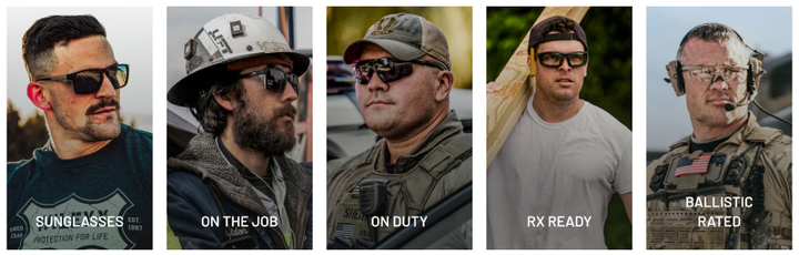 Collage of men wearing Wiley X protective sunglasses in lifestyle, construction, law enforcement, and military environments sunglasses, on the job, on duty, RX ready, and ballistic rated.